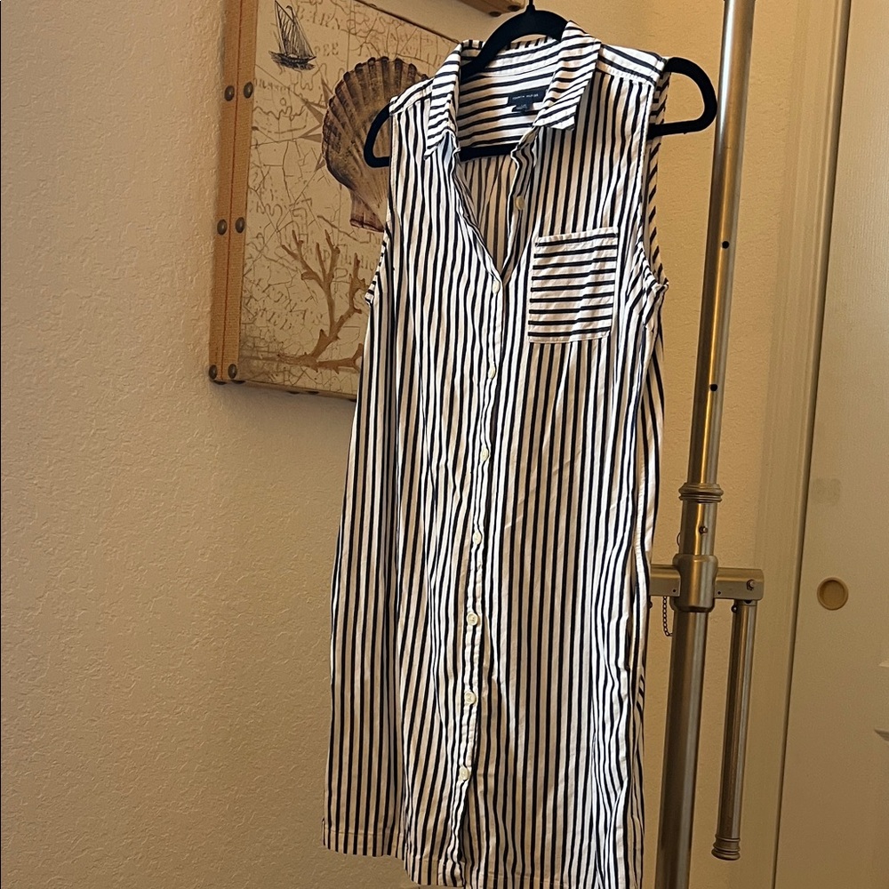 Tommy Hilfiger Navy and White Striped Sleeveless Midi Dress